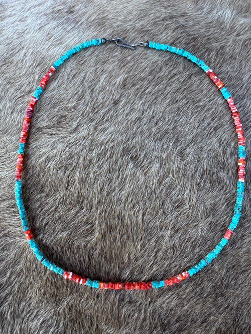 Handcrafted Turquoise & Spiny Oyster 16” Beaded Necklace
