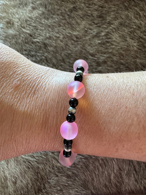 Handmade Sterling Silver & Pink Bead, Black Onyx, and Pearl Beaded 8" Bracelet by Roaming Buffalo