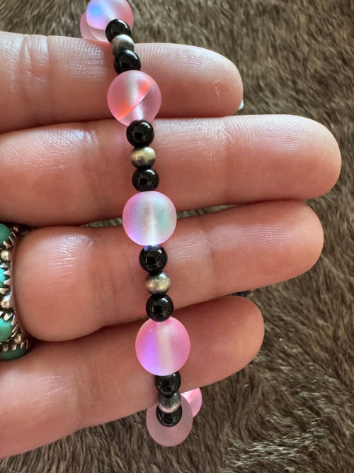 Handmade Sterling Silver & Pink Bead, Black Onyx, and Pearl Beaded 8" Bracelet by Roaming Buffalo