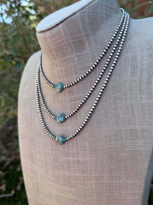 Handcrafted Sterling Silver & Pillow Turquoise 3mm Beaded Necklace