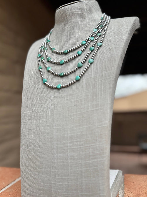 Handcrafted Kingman Turquoise & Sterling Silver Heart 4mm Beaded Necklace