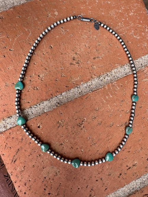Handcrafted Kingman Turquoise & Sterling Silver Heart 4mm Beaded Necklace