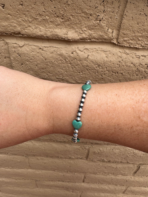 Handcrafted Sterling Silver Pearl & Turquoise 4mm Beaded Heart Bracelet 7"