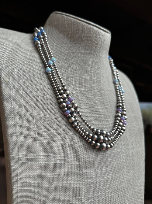 Handcrafted Blue Opal & Sterling Silver Beaded 3-6mm Necklace 20"