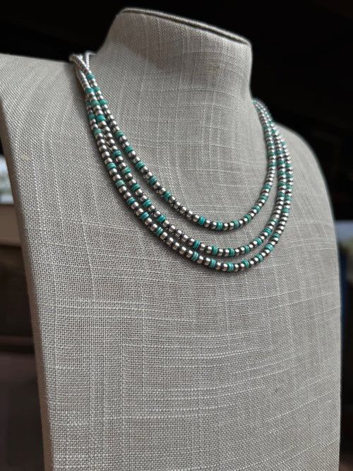 Handcrafted Kingman Turquoise & Sterling Silver 4mm Beaded Necklace 20"