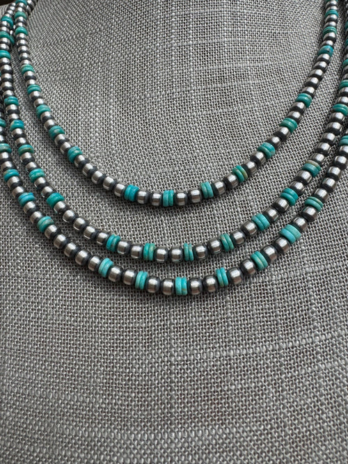 Handcrafted Kingman Turquoise & Sterling Silver 4mm Beaded Necklace 20"