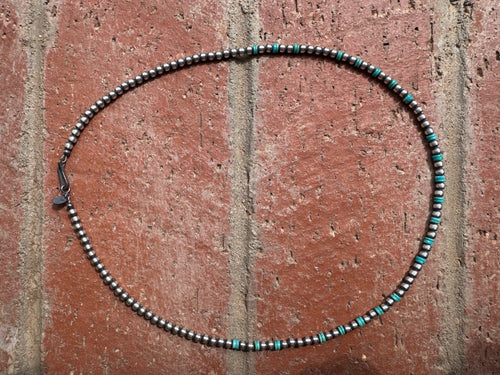Handcrafted Kingman Turquoise & Sterling Silver 4mm Beaded Necklace 20"