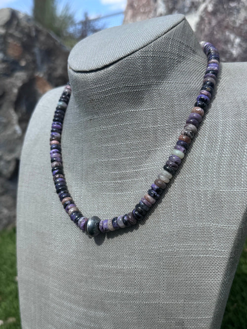 Handmade Sterling Silver Charoite Beaded Necklace 17.5" by Roaming Buffalo