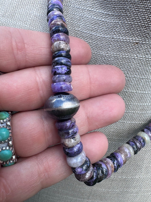 Handmade Sterling Silver Charoite Beaded Necklace 17.5" by Roaming Buffalo