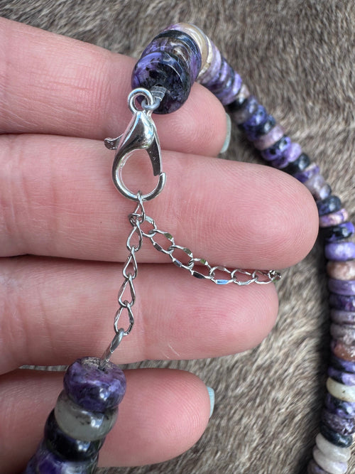 Handmade Sterling Silver Charoite Beaded Necklace 17.5" by Roaming Buffalo
