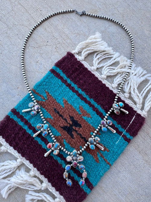 Handcrafted Pink Dream Mojave & Sterling Silver Pearl 4mm Beaded Naja Necklace Earring Set