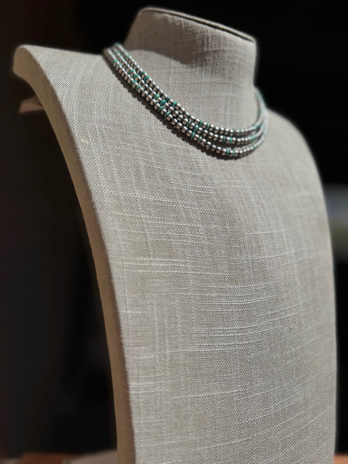 Handcrafted Kingman Turquoise & Sterling Silver 4mm Beaded Necklace 16"