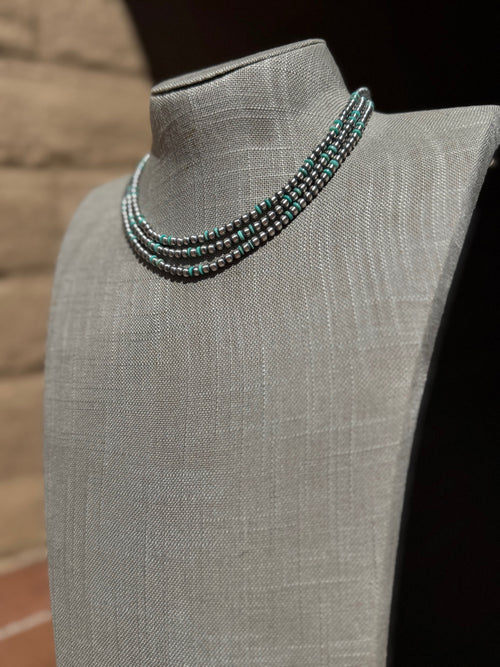 Handcrafted Kingman Turquoise & Sterling Silver 4mm Beaded Necklace 16"