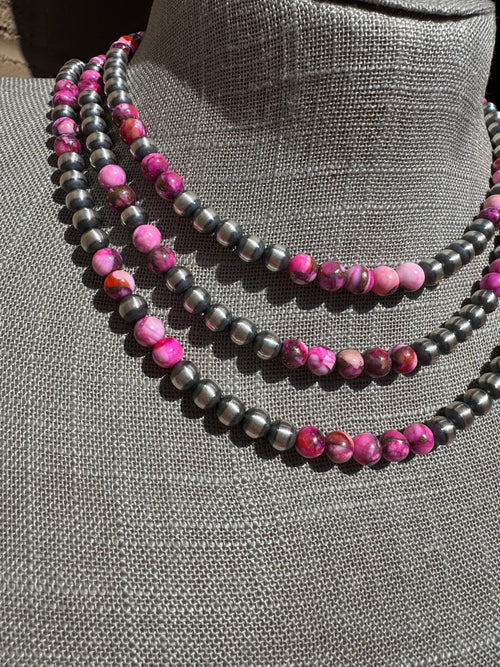 Handcrafted Pink Dream & Sterling Silver 6mmBeaded Necklace 14 inch