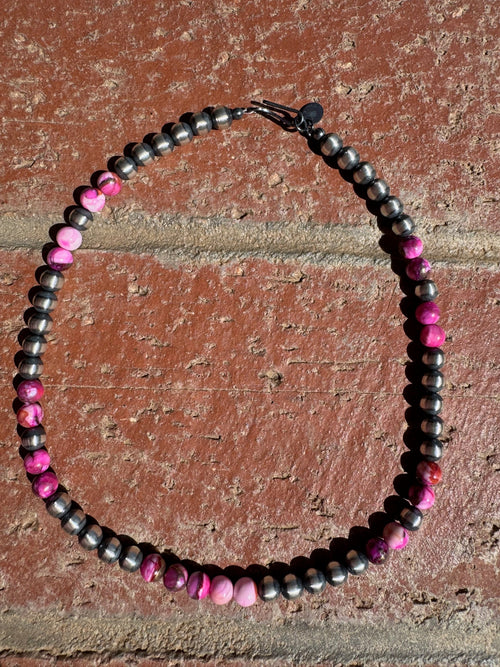 Handcrafted Pink Dream & Sterling Silver 6mmBeaded Necklace 14 inch