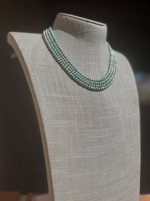Handcrafted Kingman Turquoise & Sterling Silver 4mm Beaded Necklace