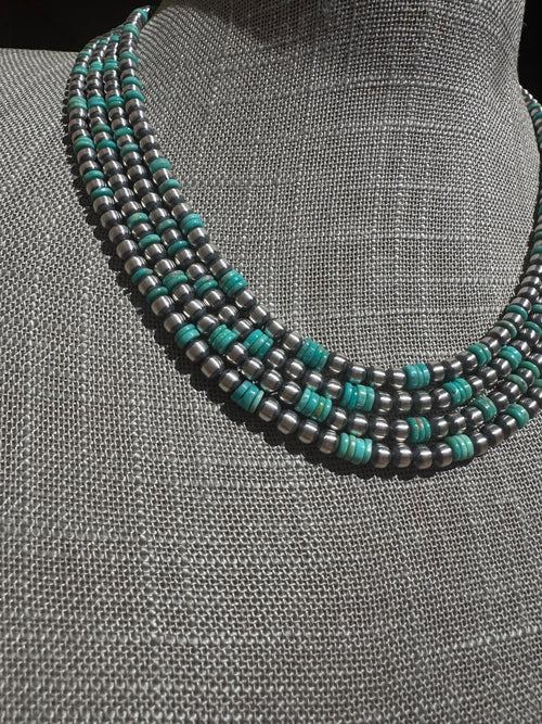Handcrafted Kingman Turquoise & Sterling Silver 4mm Beaded Necklace