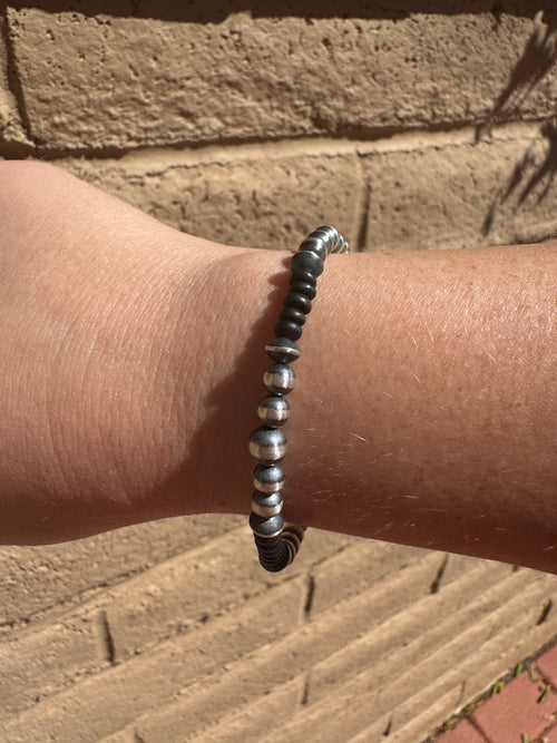 Handcrafted Onyx & Sterling Silver Pearl Beaded 5-6mm Bracelet