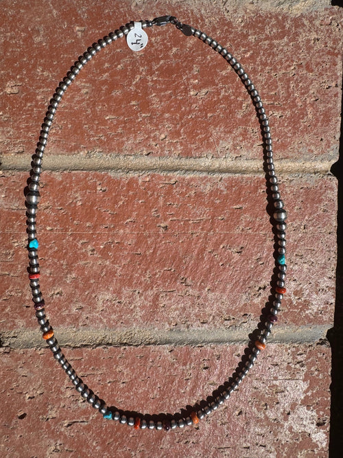 Sterling Silver & Multi Stone Beaded 4-6mm Necklace 24"
