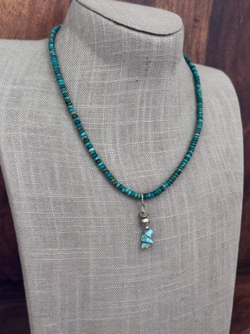 Handmade Sterling Silver & Hubei Turquoise Beaded Necklace with Charm 18.5" by Roaming Buffalo