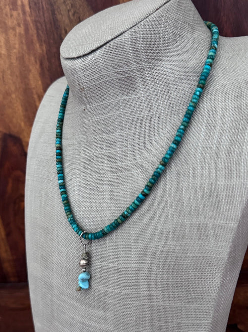 Handmade Sterling Silver & Hubei Turquoise Beaded Necklace with Charm 18.5" by Roaming Buffalo