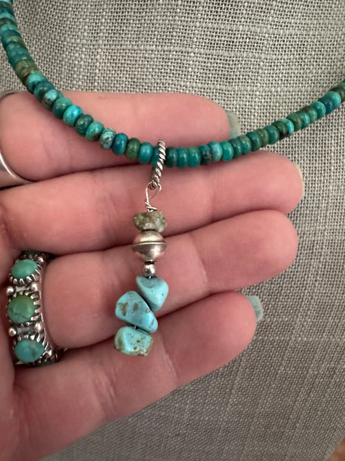 Handmade Sterling Silver & Hubei Turquoise Beaded Necklace with Charm 18.5" by Roaming Buffalo