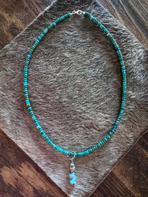 Handmade Sterling Silver & Hubei Turquoise Beaded Necklace with Charm 18.5" by Roaming Buffalo