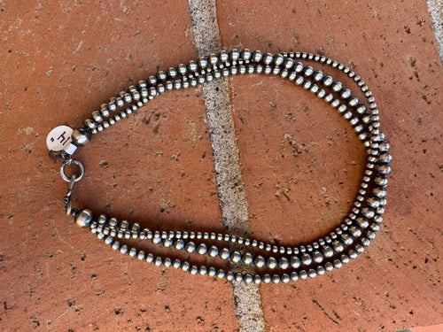 Handcrafted Sterling Silver 3 Strand Beaded 3-8mm Necklace