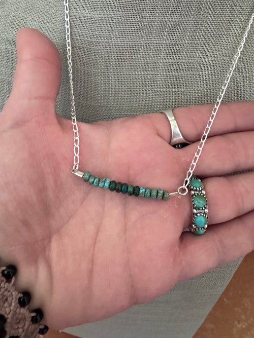 Handmade Sterling Silver & Hubei, Lone Mountain Turquoise Beaded Chain Necklace 20" by Roaming Buffalo