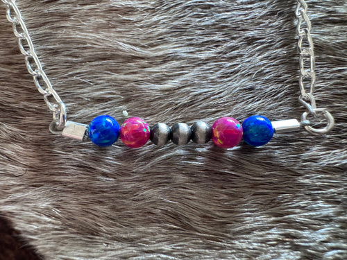 Handmade Sterling Silver Blue Opal, Pink Opal & Pearl Beaded Chain Necklace 19.5" by Roaming Buffalo