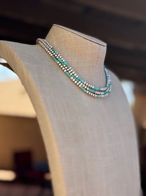 Handcrafted Kingman Turquoise & Sterling Silver 4mm Beaded Necklace 16"