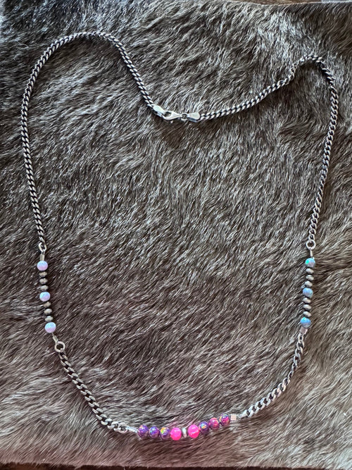 Handmade Sterling Silver Mixed Opal & Pearl Beaded Chain Necklace 21.5" by Roaming Buffalo