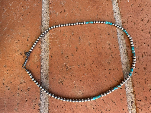Handcrafted Kingman Turquoise & Sterling Silver 4mm Beaded Necklace 16"