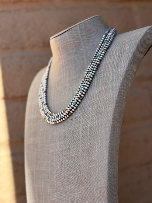 Handcrafted Kingman Turquoise & Sterling Silver 4mm Beaded Necklace 20"