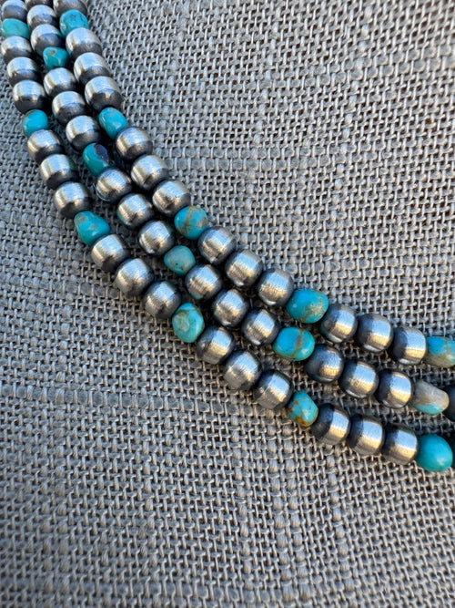Handcrafted Kingman Turquoise & Sterling Silver 4mm Beaded Necklace 16"