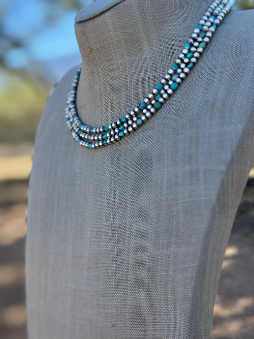 Handcrafted Kingman Turquoise & Sterling Silver 4mm Beaded Necklace 16"