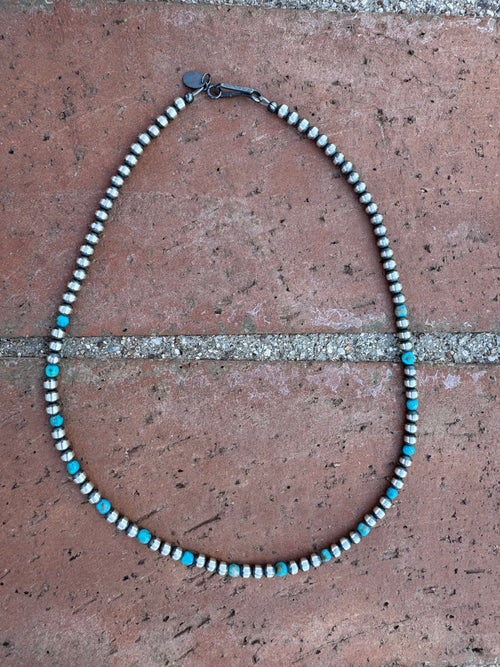 Handcrafted Kingman Turquoise & Sterling Silver 4mm Beaded Necklace 16"