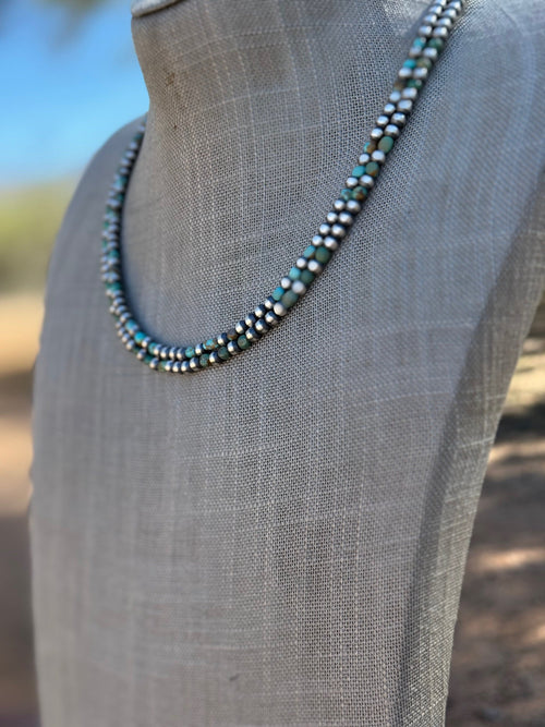 Handcrafted Kingman Turquoise & Sterling Silver 4mm Beaded Necklace 18"