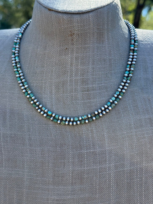 Handcrafted Kingman Turquoise & Sterling Silver 4mm Beaded Necklace 18"