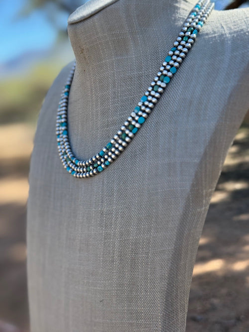 Handcrafted Kingman Turquoise & Sterling Silver 4mm Beaded Necklace 18"