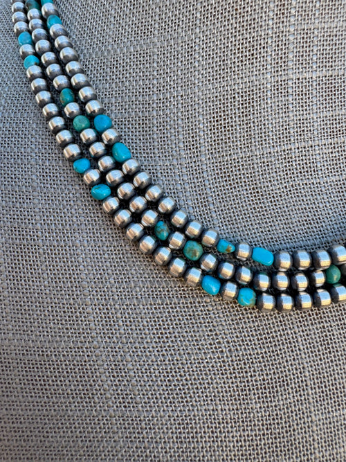 Handcrafted Kingman Turquoise & Sterling Silver 4mm Beaded Necklace 18"