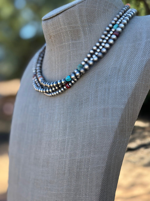 Handcrafted Multi Stone & Sterling Silver 3 Strand Beaded 3-8mm Necklace 16"