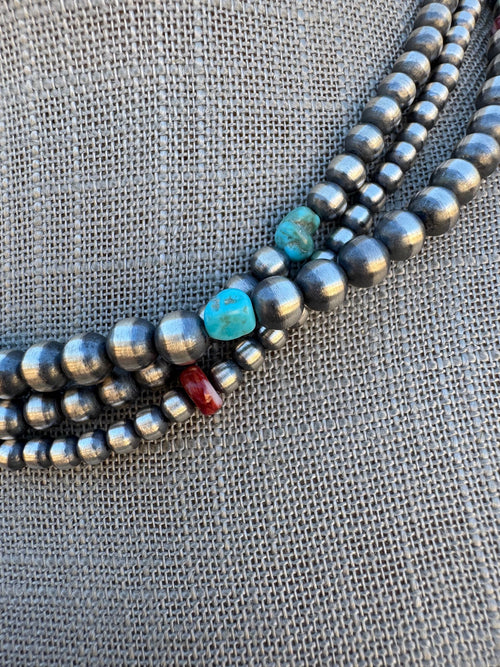 Handcrafted Multi Stone & Sterling Silver 3 Strand Beaded 3-8mm Necklace 16"