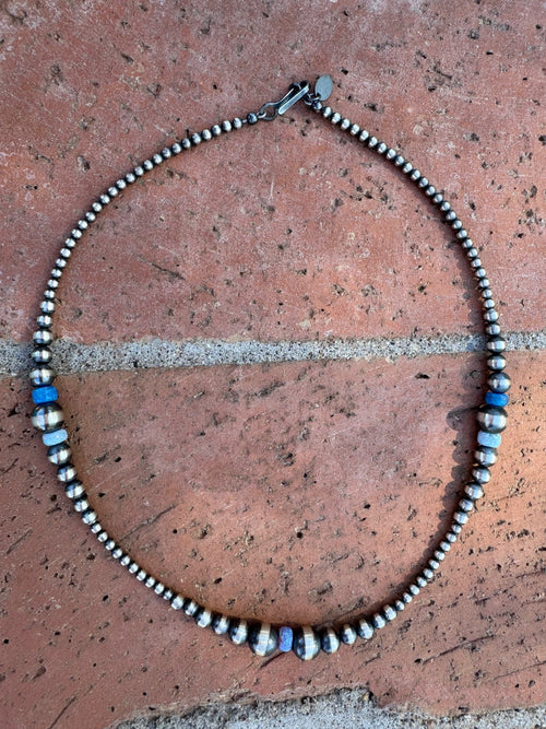 Handcrafted Blue Opal & Sterling Silver Beaded 3-8mm Necklace 16"
