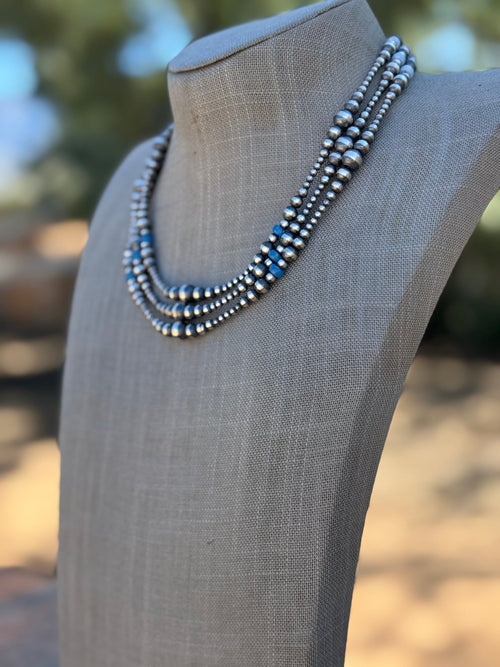 Handcrafted Blue Opal & Sterling Silver Beaded 3-6mm Necklace 18”