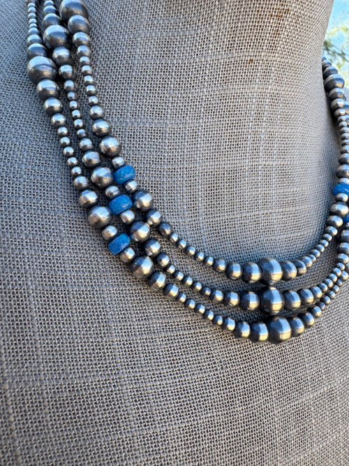 Handcrafted Blue Opal & Sterling Silver Beaded 3-6mm Necklace 18”