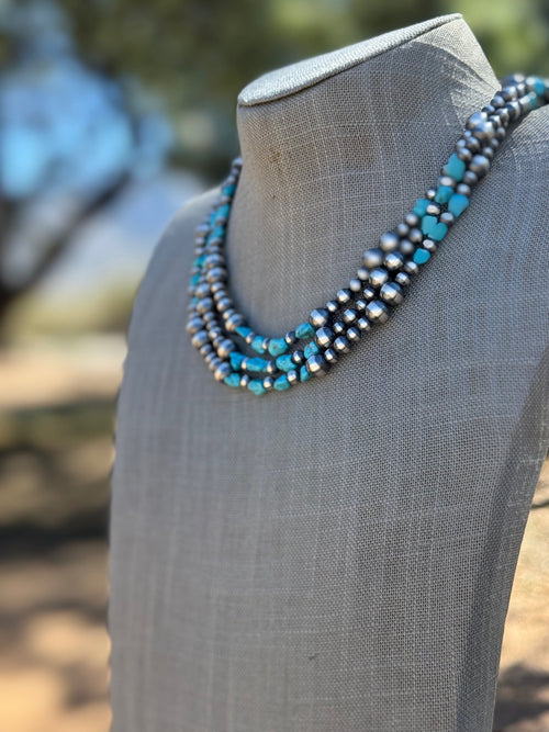 Handcrafted Kingman Turquoise & Sterling Silver 5-8mm Beaded Necklace 18"