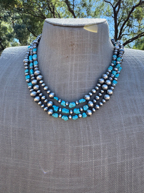 Handcrafted Kingman Turquoise & Sterling Silver 5-8mm Beaded Necklace 18"