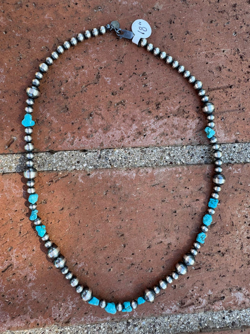 Handcrafted Kingman Turquoise & Sterling Silver 5-8mm Beaded Necklace 18"