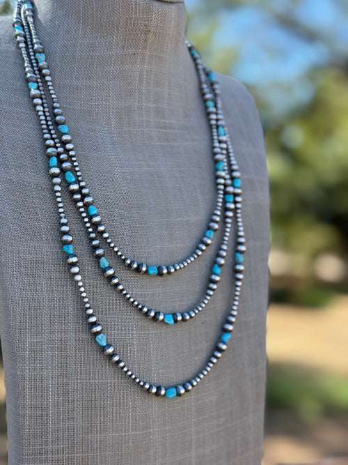 Handcrafted Kingman Turquoise & Sterling Silver 3-6mm Beaded Necklace 72"